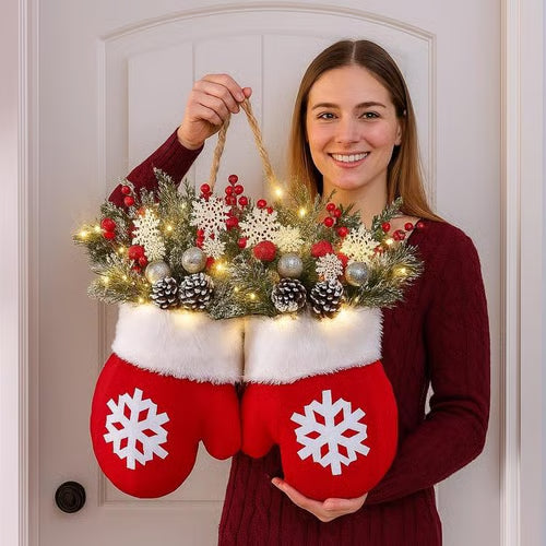 🔥HOT SALE 50% OFF - 🎄🎅Christmas Glove Wreath for Front Door with Artificial Pine Branches