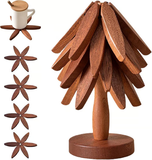✨Natural Tree Trivet Set - 4 bamboo Trivets & 1 Stand,Like a Christmas Tree🎄