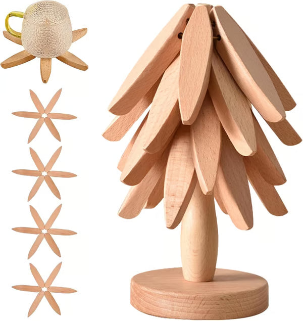 ✨Natural Tree Trivet Set - 4 bamboo Trivets & 1 Stand,Like a Christmas Tree🎄