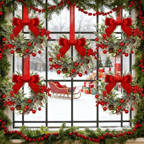 🎅 Christmas Mini Window Wreaths with Ribbon Bows & Red Berries🎁