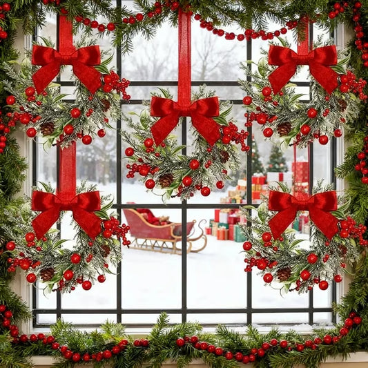 🎅 Christmas Mini Window Wreaths with Ribbon Bows & Red Berries🎁